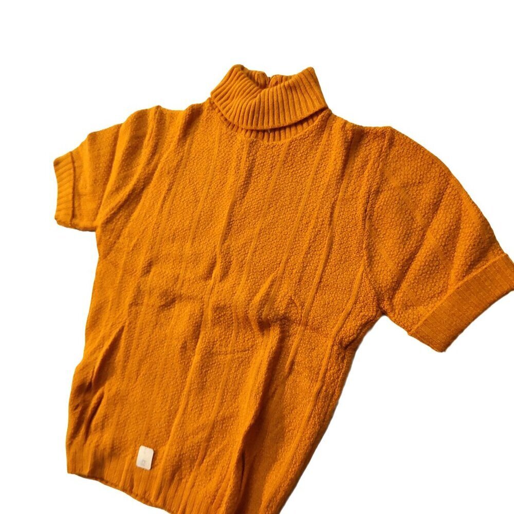 Vintage 1940s-1950s Short Sleeve Mustard Yellow Ribbed Mock Turtleneck Sweater - Picture 6 of 7